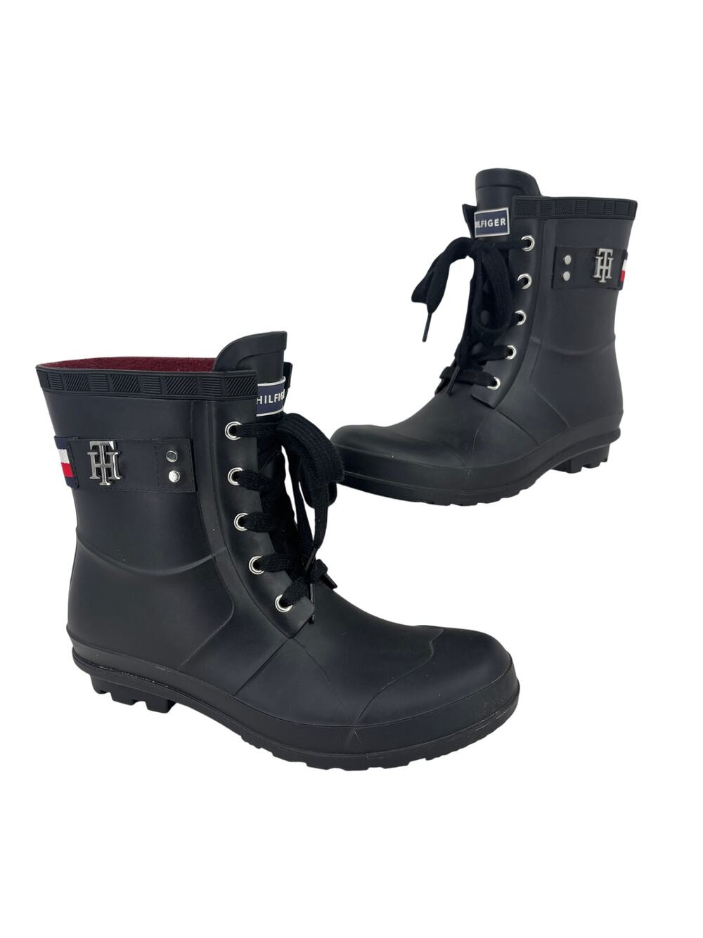 Tommy Hilfiger Toniee Rain Boots Womens Size 9 Black Rubber Slip On Leather Sole